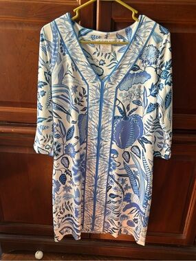 NWOT Gretchen Scott Jersey Bordertown Dress Small Hummingbird Heaven Blue White